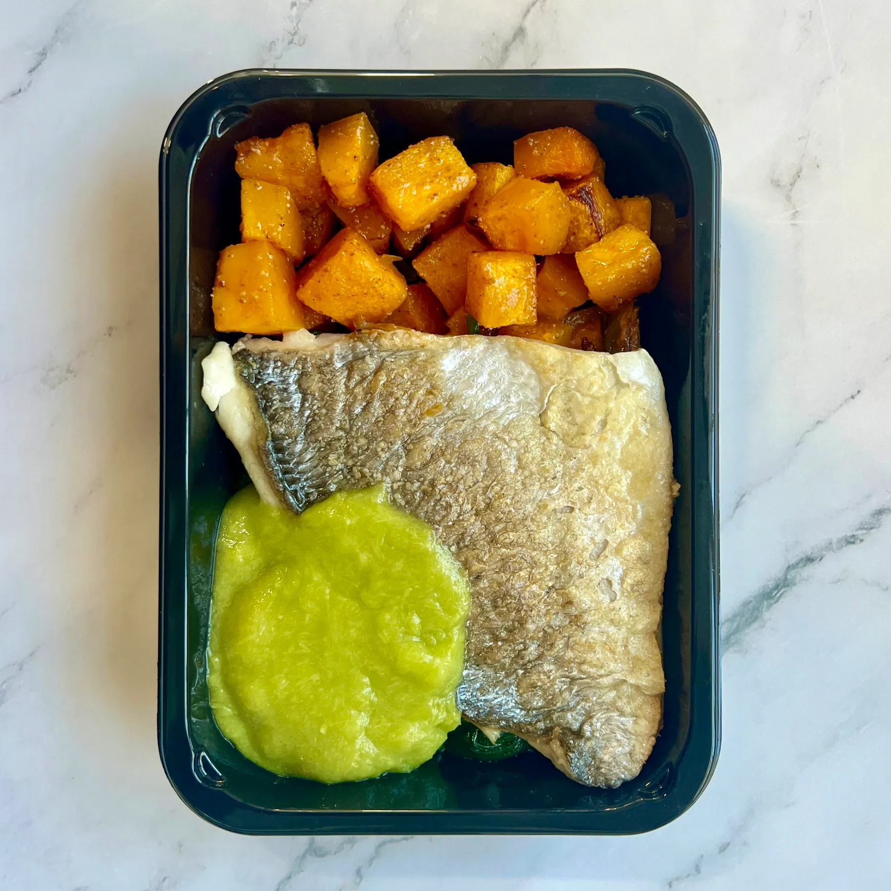 Sea bass · butternut · pea purée