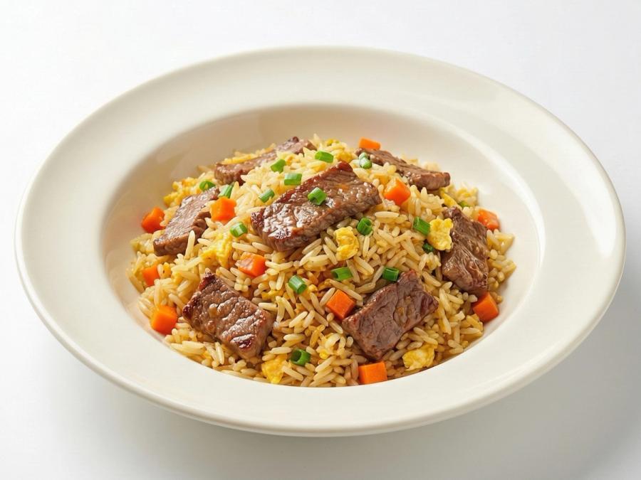 Arroz frito con carne de res.