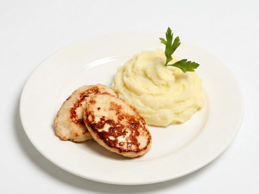 Tortitas de pollo caseras con puré de patatas.